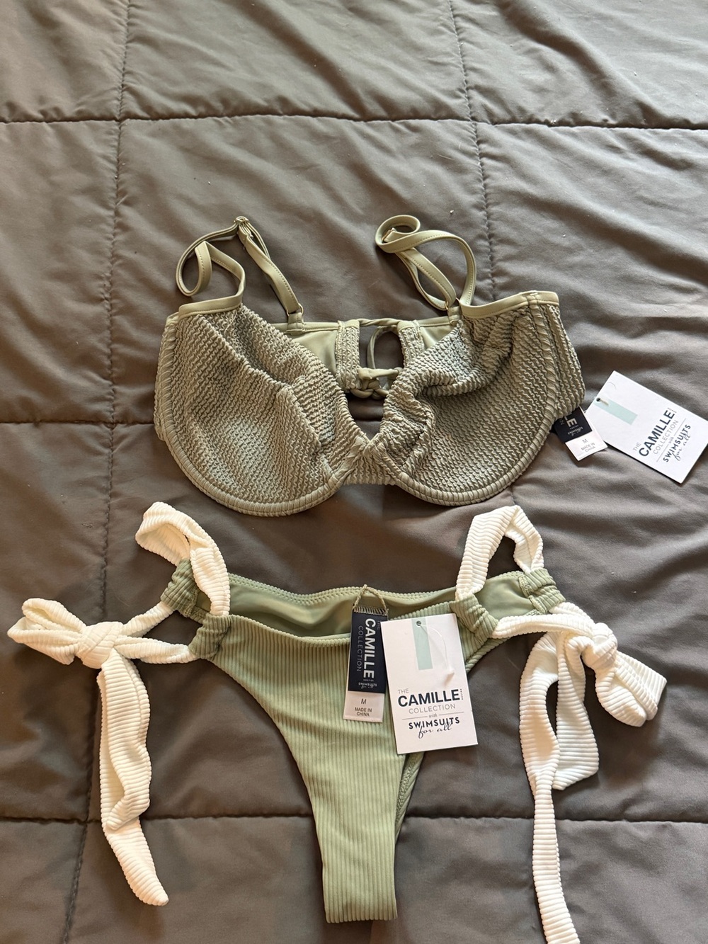 Swimsuits For All Olive Green and Cream Camille Ribbed Bikini Set